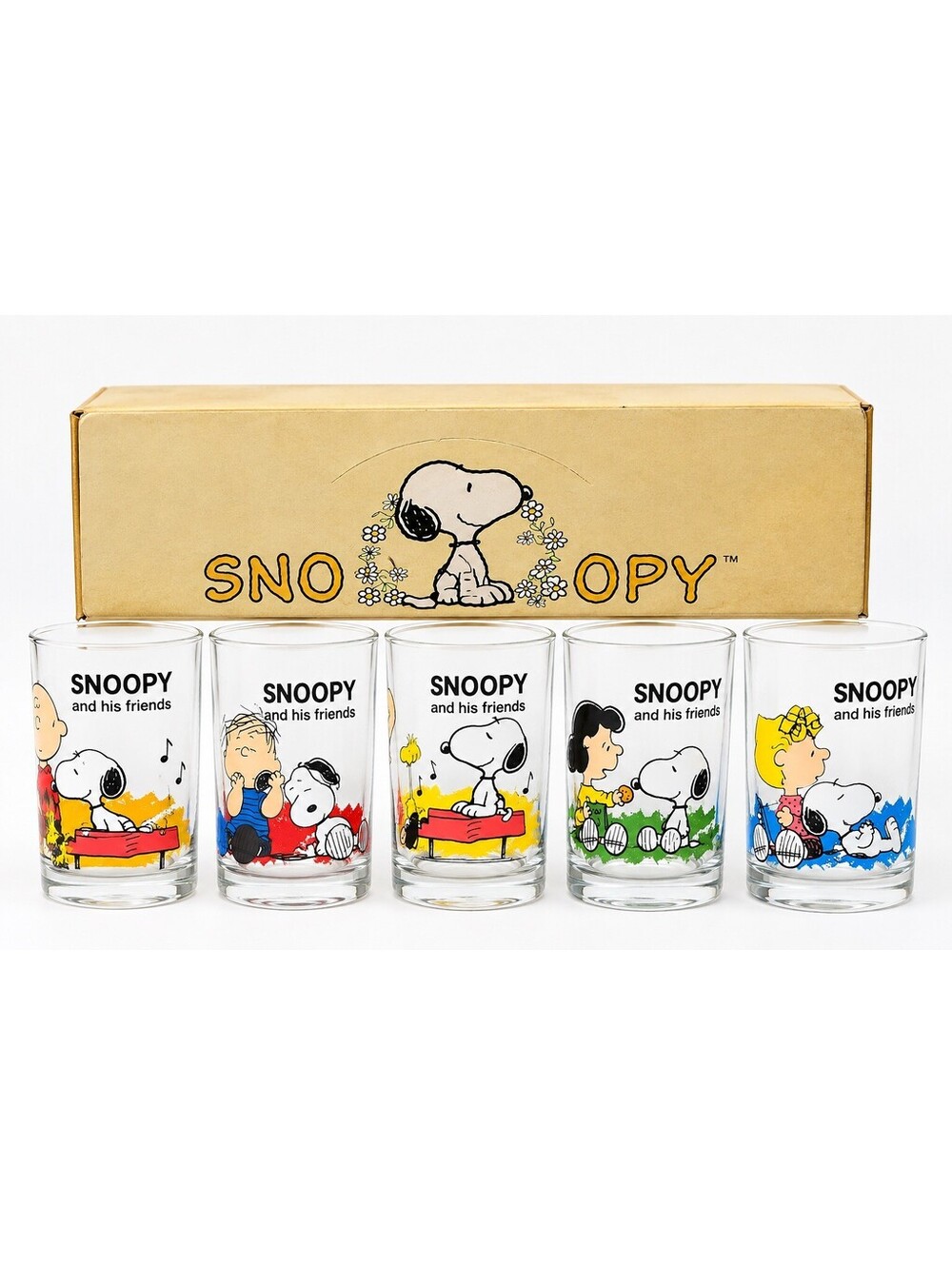 SNOOPY Characters Drinking Glasses VTG Sasaki Glass Co. JAPAN ~ Set of 5 Glasses